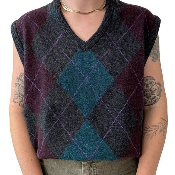 Vintage 1970s LL Bean Mens Lambswool Argyle Preppy Scottish Sweater Vest Sz L - Picture 1 of 9